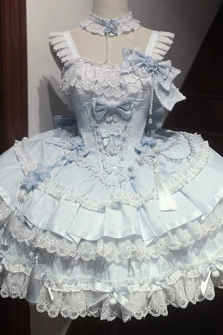 Jacquard Square Collar Sleeveless Layered Cherry Lace Pearl Bow Lolita JSK
