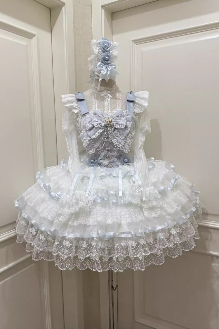 Azure Rose Feather Waltz Sleeveless Triple-Layer Ruffle Bow Lace Ballet Lolita JSK