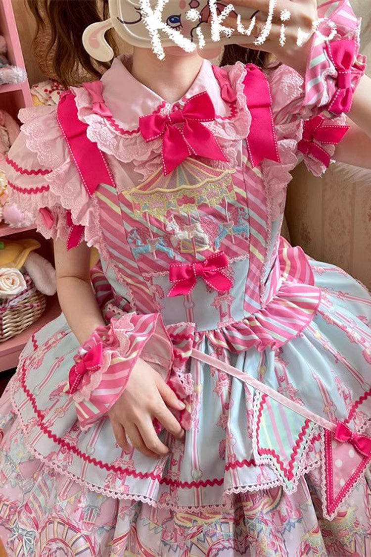 Blue Pink Sweet Lolita JSK Dress with Bowknot Ruffled Print - Candy Park