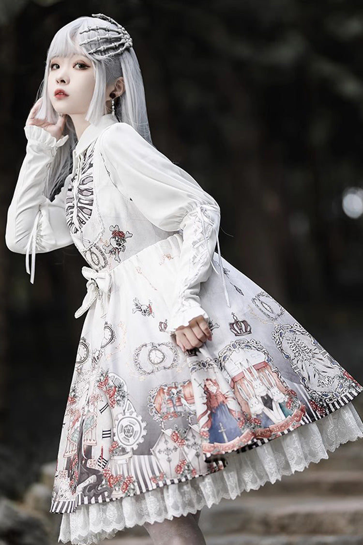 Navy Fairy Tale Print Ruffle Bowknot Gothic Lolita JSK Two-Tone