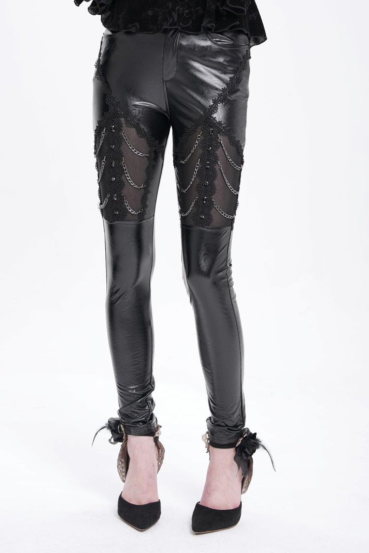 Gothic Pants with Faux Leather Stitching Lace and Chain