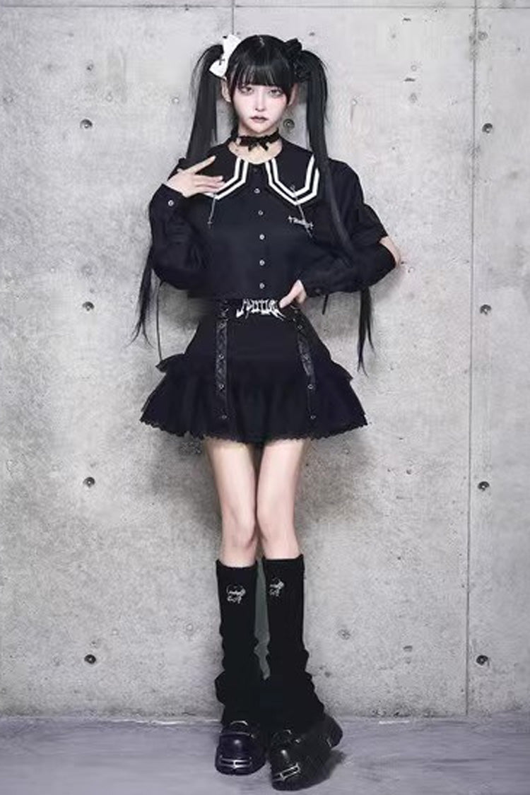 Black High Waisted Ruffle Embroidery Gothic Jirai Kei Japanese Mini