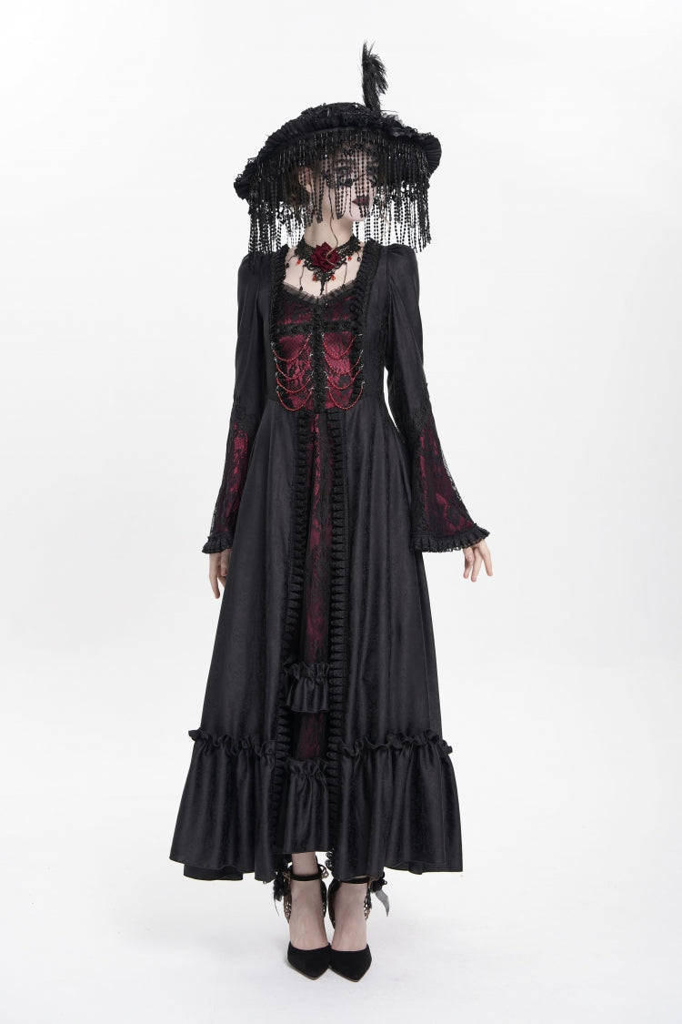 Scarlet Embroidered Lace-Up Pleated Gothic Dress