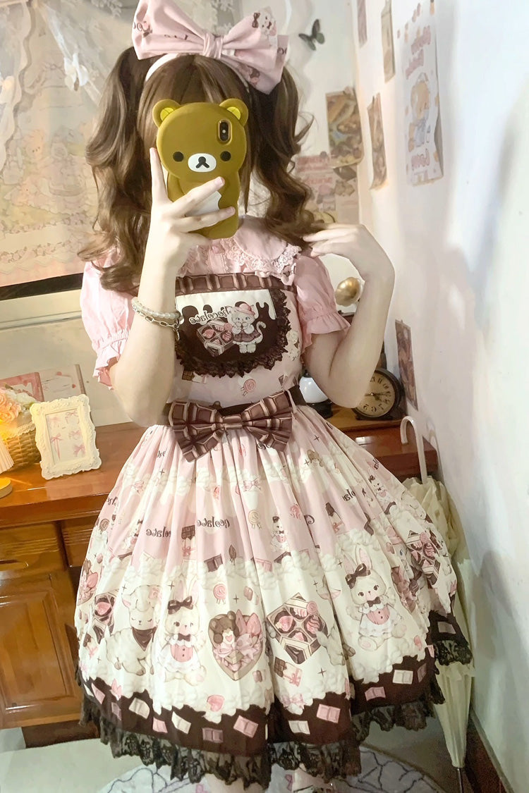 Chocolate Rosette Cat Printed Bow Stitching Lace Sweet Lolita JSK Dress