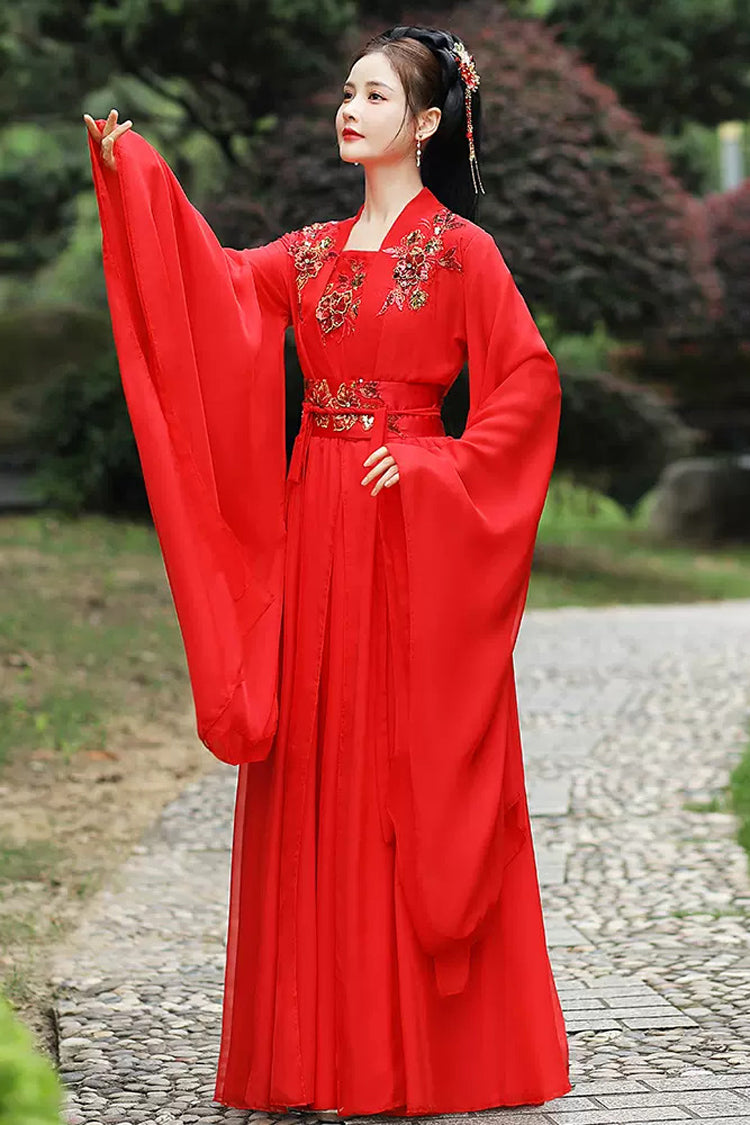 Crimson Chinese-Style Hanfu Dress with Hot Stamping Embroidery