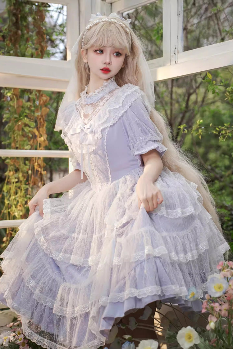Periwinkle Iris Love Jacquard Bow-Tied Princess One-Piece