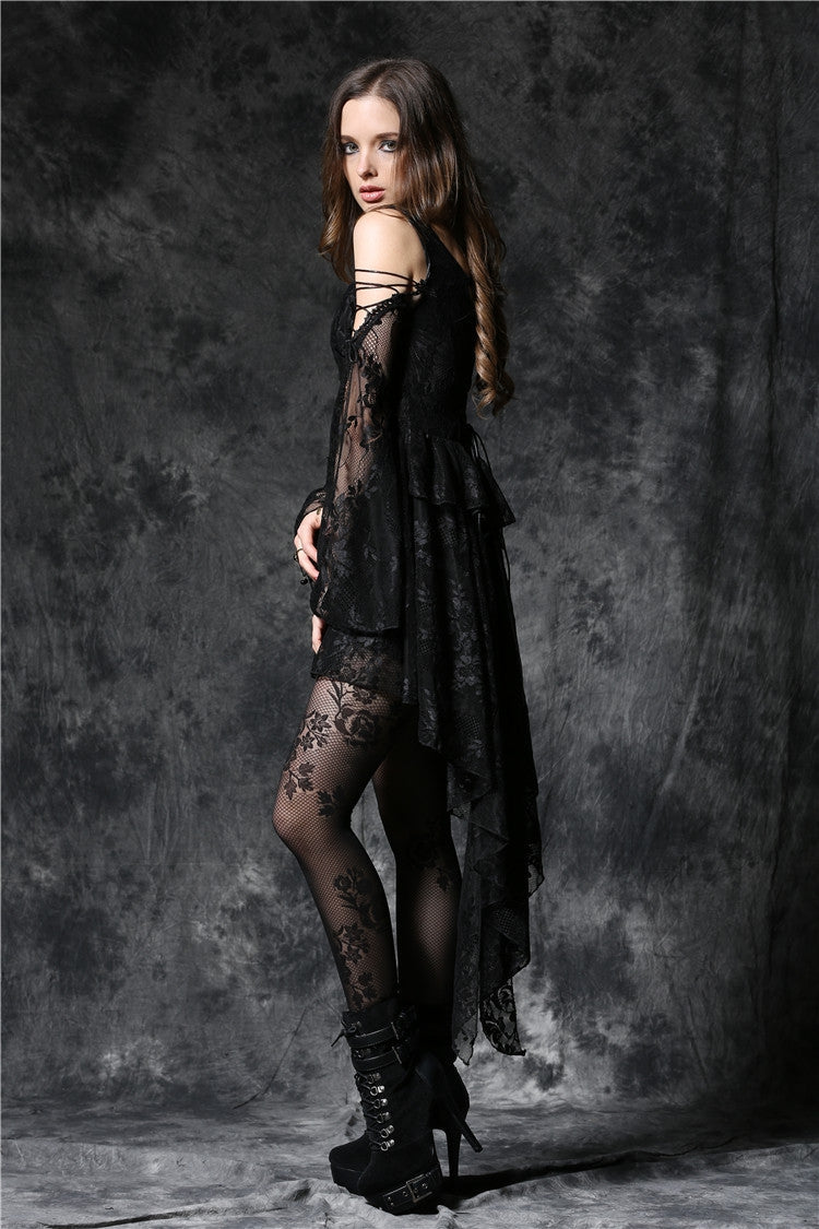 Square Collar Long Sleeves Overlay Embroidered Lace Gothic Dress