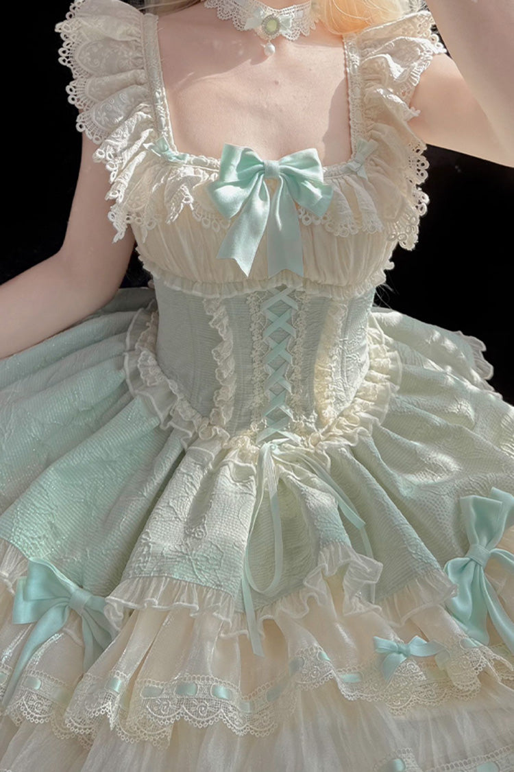 Double-Layered Ruffle Lace Bowknot Sweet Ballet Green Jsk Dress - Flory Butterfly