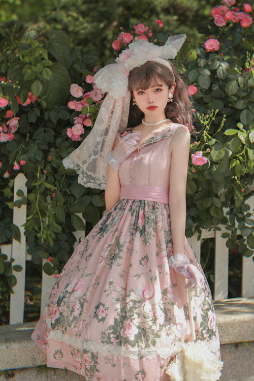 Floral V-Neck Sleeveless JSK with Ruffles in Pink