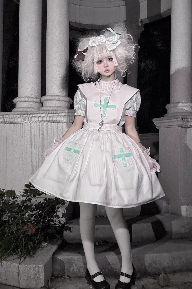 Green Striped Bow Nurse Lolita Stand-Collar