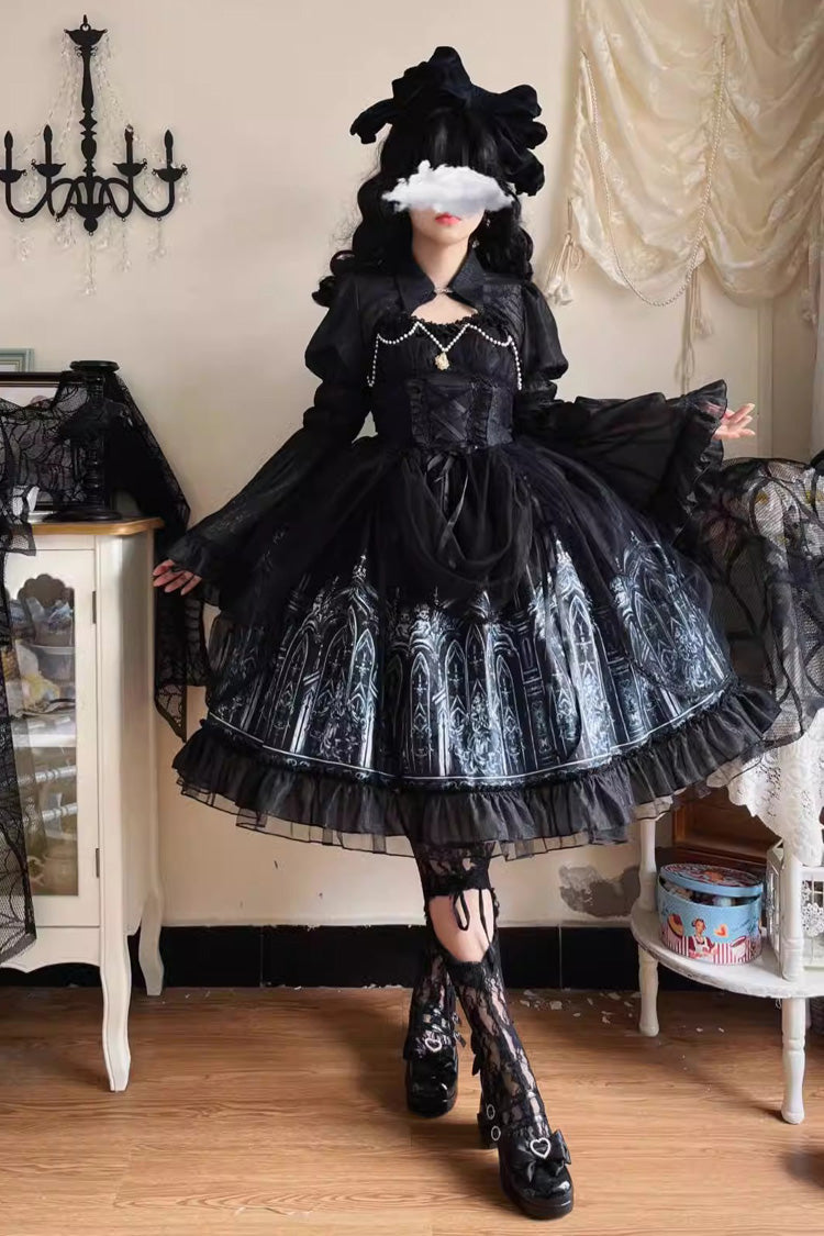 Black Sleeveless Silent Night Print Ruffle Gothic Jsk Dress