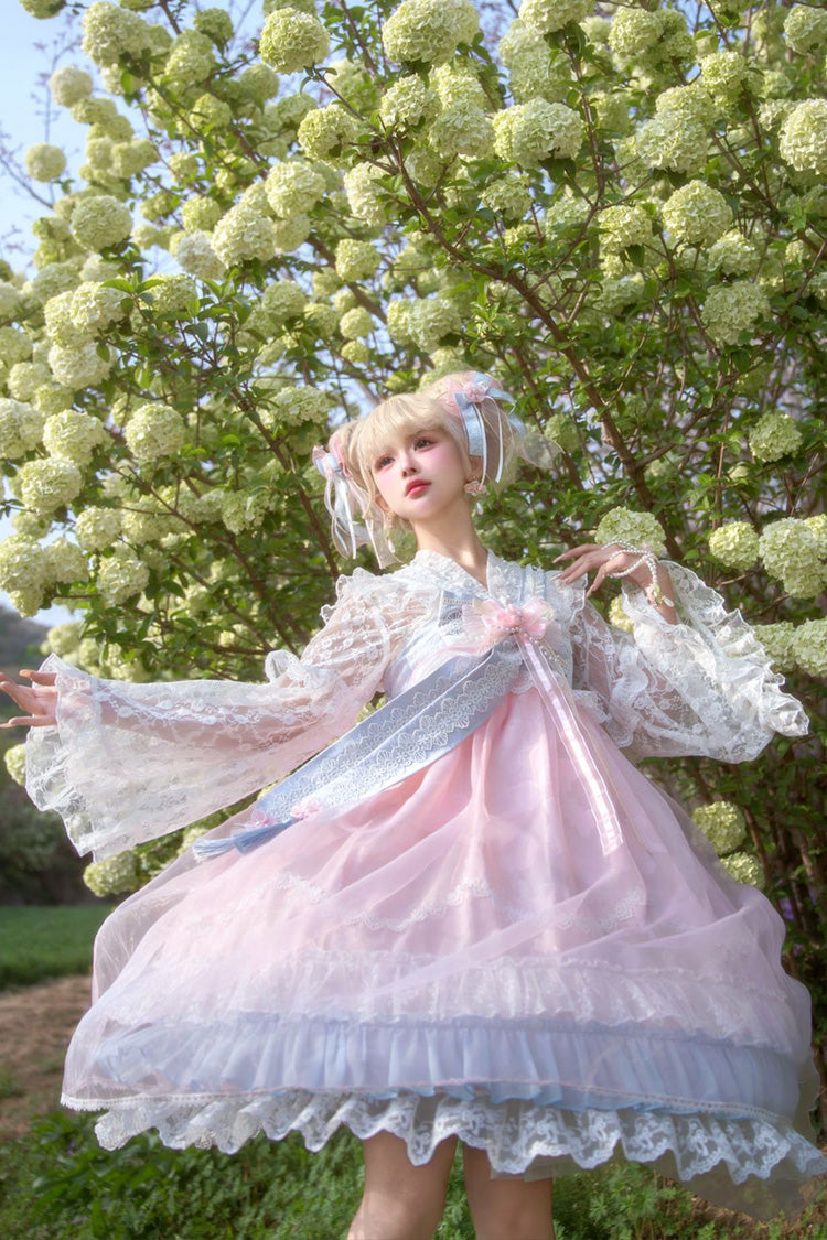 Peach Blossoms in Spring Fields Sweet Chinese Lolita JSK with Ruffles