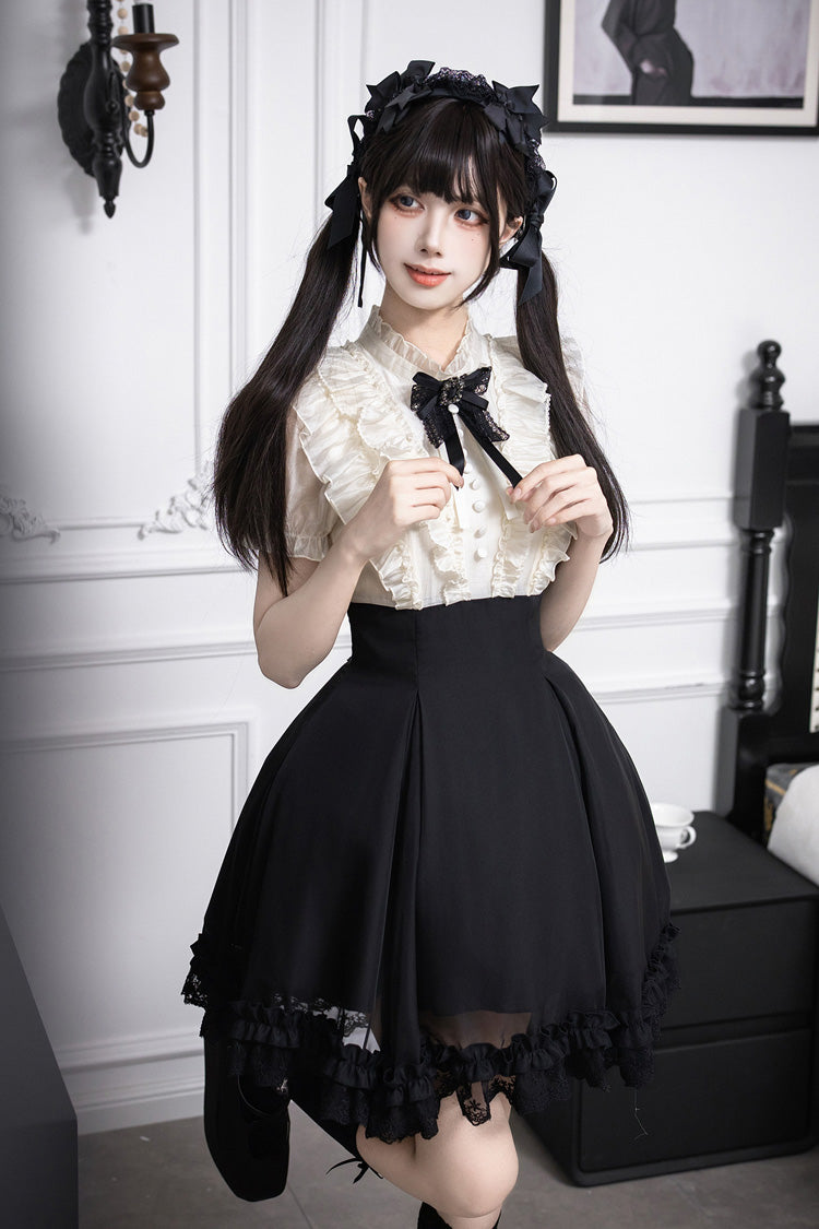 Miss Lola Snow Kiss Stand Collar Short Puff Sleeves Ruffled Color-Blocked Faux Two-Piece Sweet Lolita Dress 3 Colors - Black