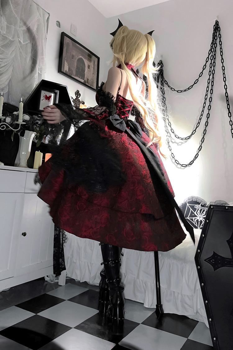 Red Ruffle Embroidery Cardigan Bow Lace Up Gothic Lolita Jsk Dress