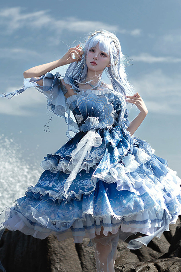 Blue Gradient Lace Embroidery Bowknot Asymmetric Elegant JSK Dress