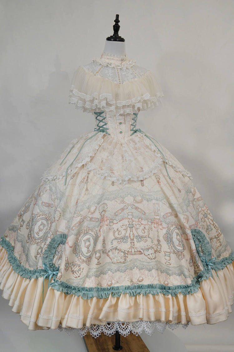 Cream Cloudborne Prelude Edwardian Collar Jacquard Printed Bow Frilled Lace Fishbone Classic Sweet Lolita Dress