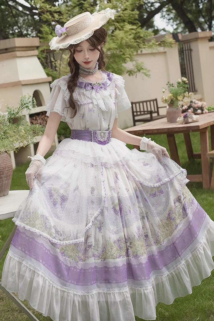 Ivory and Lavender Rabbit Vine Grape Print Short Sleeve Ribbon Lace Elegant Sweet Lolita Skirt Set