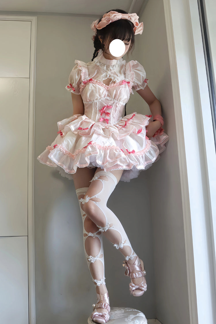 White & Pink Multi-Layer Ruffled Ballet Bow Sweet Lolita JSK Dress