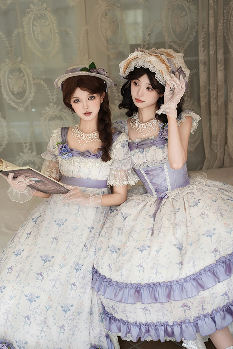 Ivory Purple Short Sleeve Double-Layered Ruffle Lace Bowknot Sweet Dress