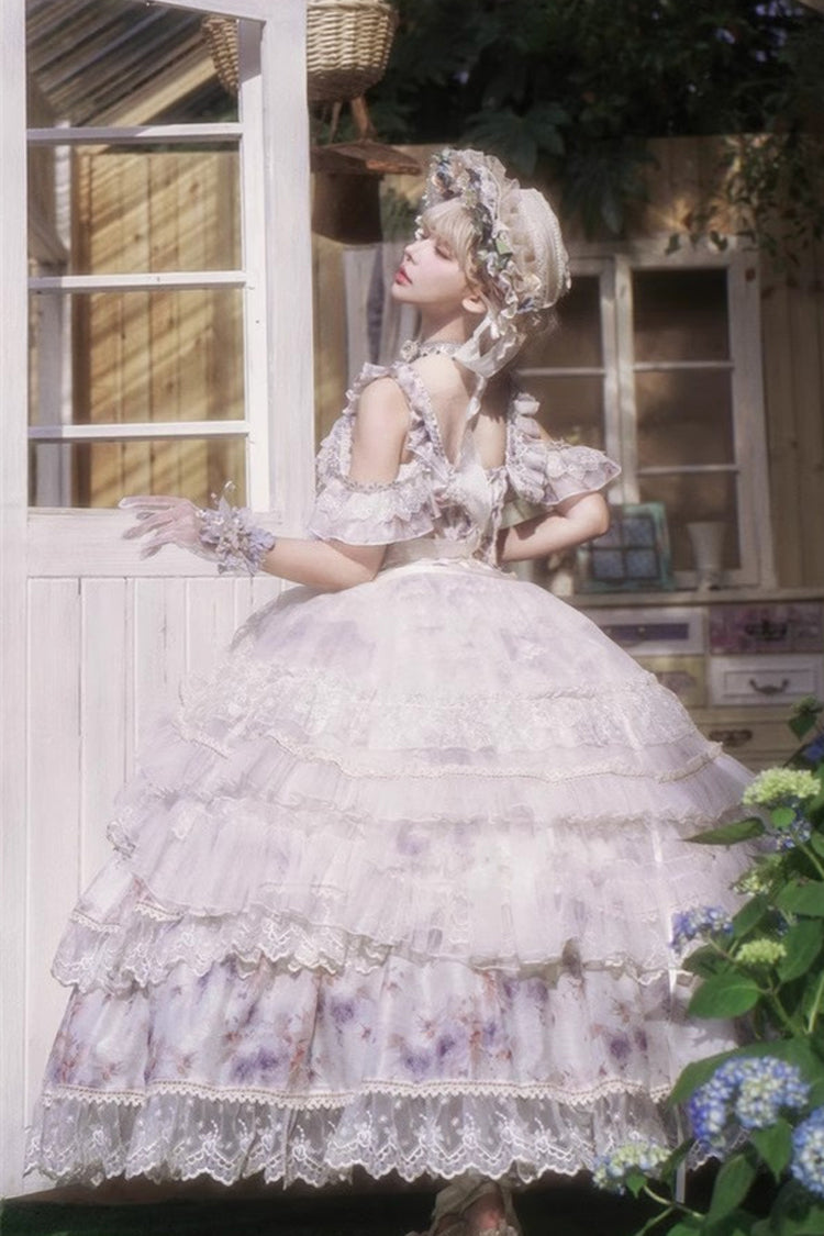 Rose Letter Off Shoulder Triple-Layered Print Ruffle Hanayome Princess Lolita Dress in Blue