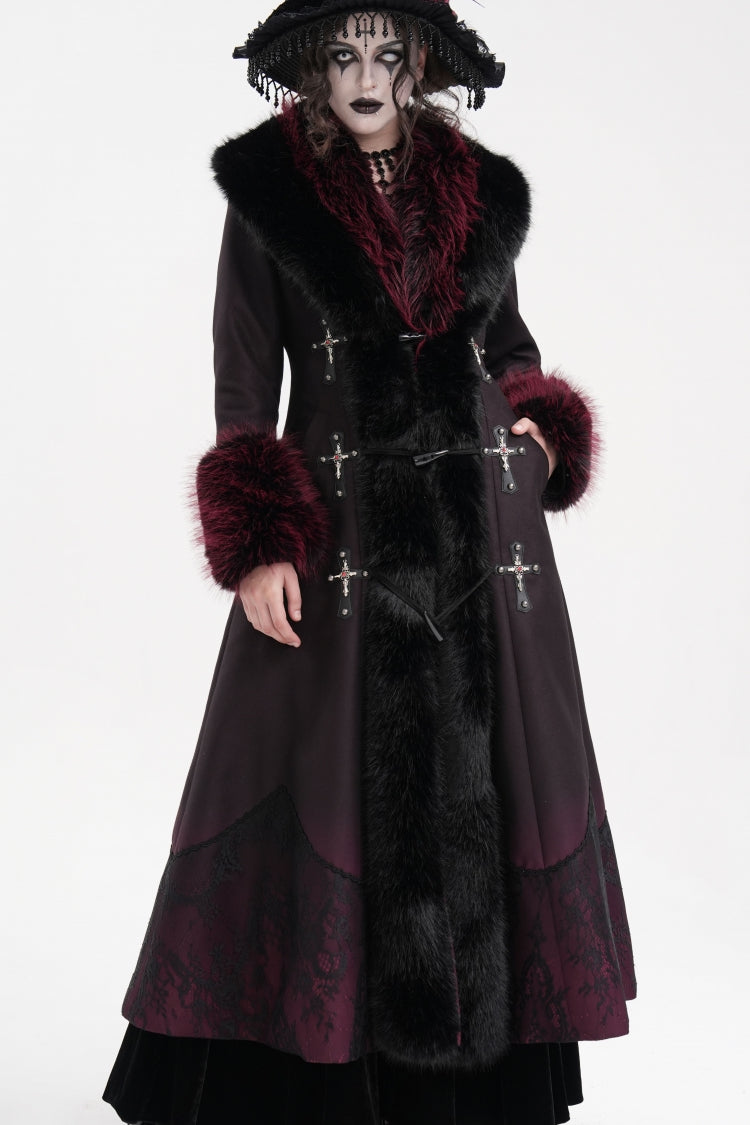 Noir & Scarlet Cross-Laced Lace Gothic Long Coat