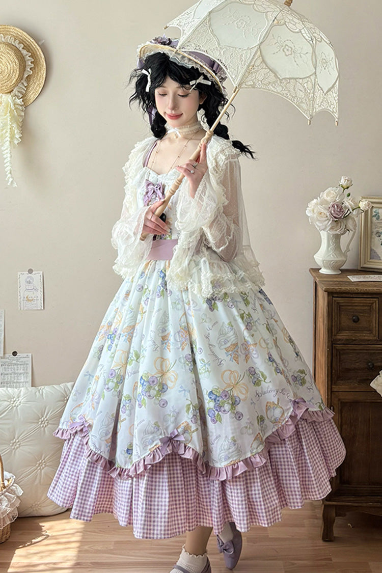 Blueberry Early Summer Sleeveless Print Ruffle Bow Sweet Lolita Jsk Dress