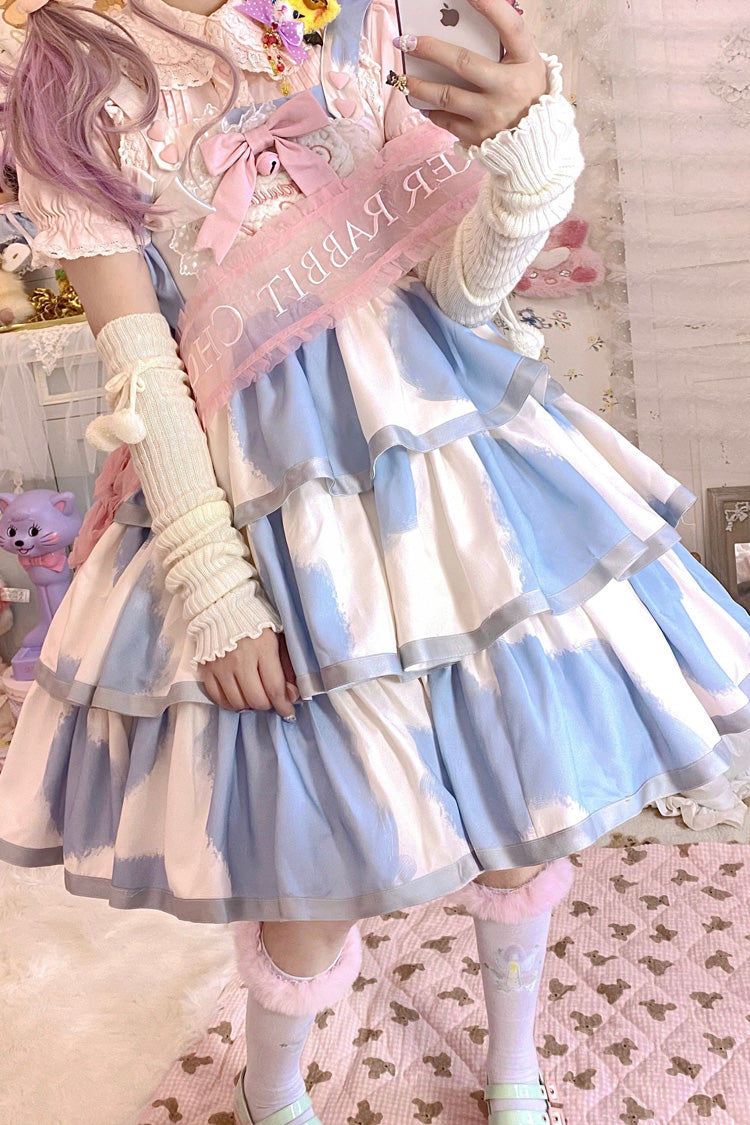 Azure Cow-Print Bowknot Sweet JSK with Triple Ruffles
