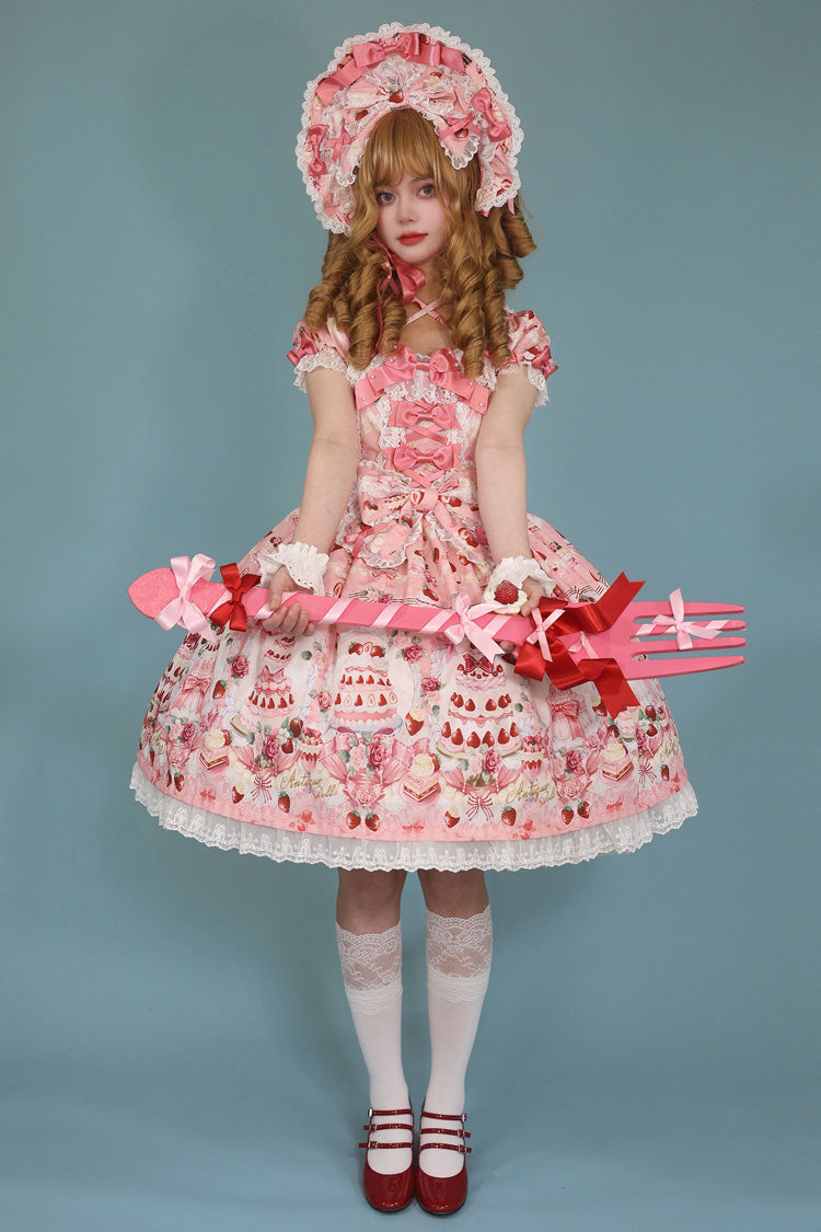 Square Collar Bowknot Lace Sweet Dress with Short Sleeves - Strawberry Cake Bouquet