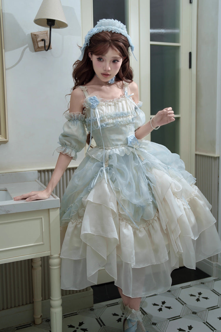 Goodnight Camellia Sleeveless Ombre Multi-Tiered Printed Ruffled Lace Fishbone Sweet Lolita Jumper Dress Three Colors