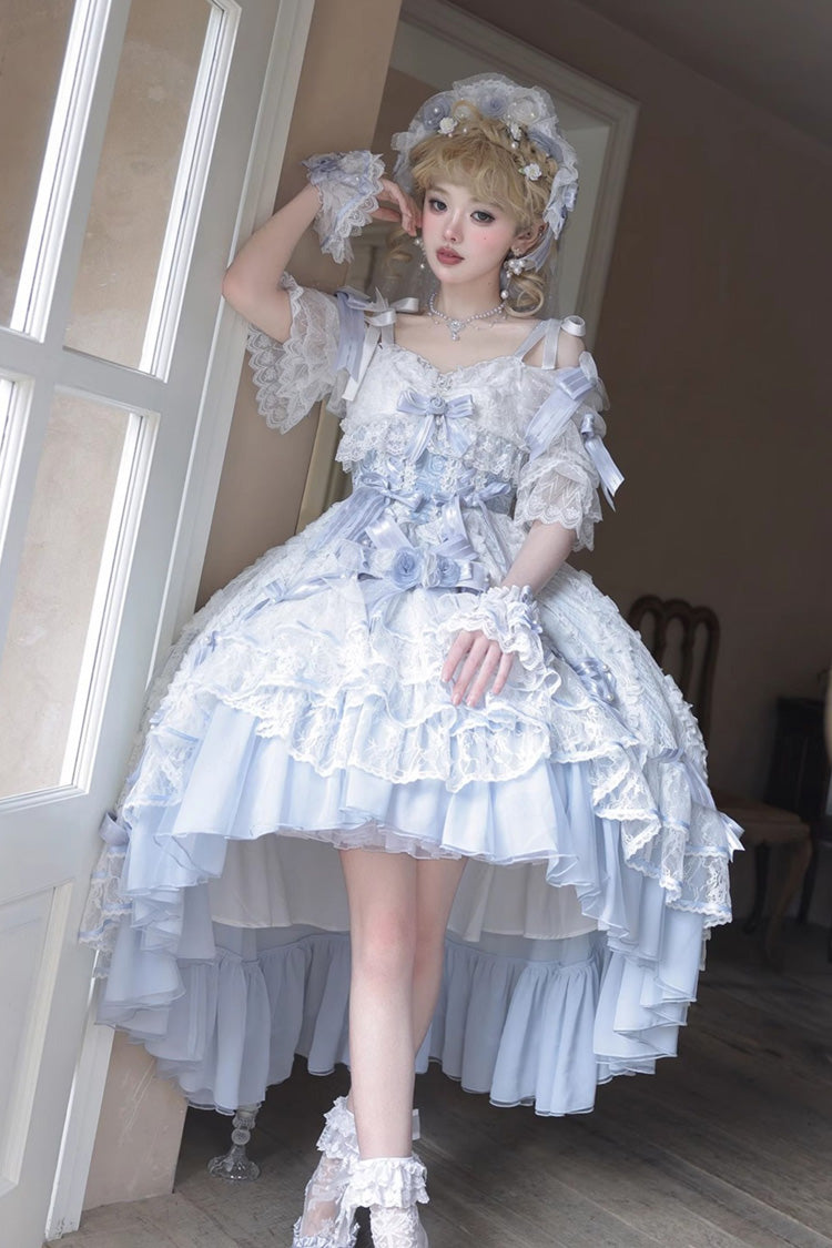 Blue Diane Rose Short Sleeve Jacquard Ruffle Cardigan Bow Lace Sweet Lolita Dress