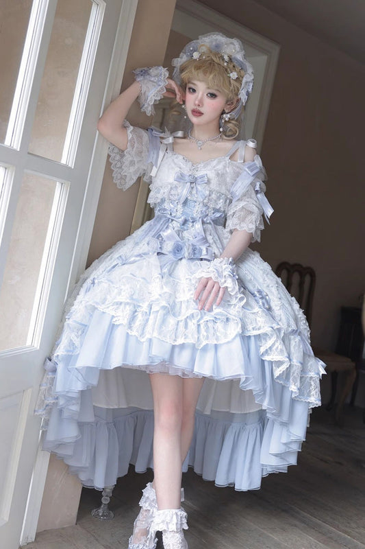 Blue Diane Rose Short Sleeve Jacquard Ruffle Cardigan Bow Lace Sweet Lolita Dress