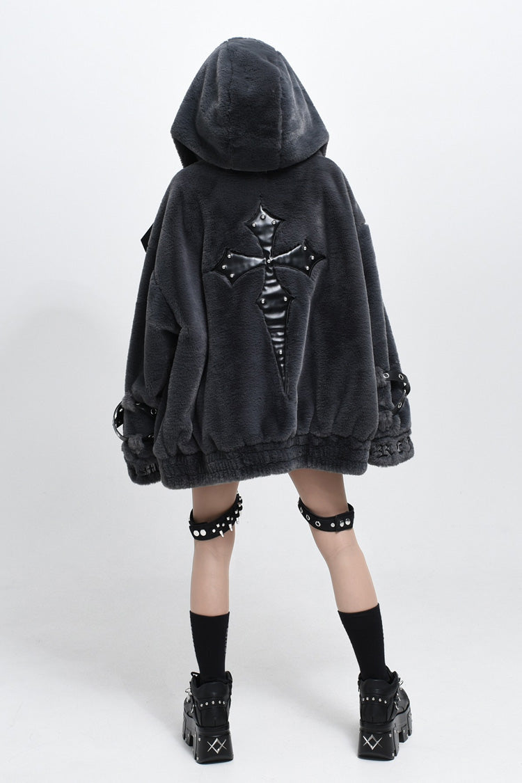 Hooded Punk Jirai Coat with Cross Leather Buckles in Two Tones