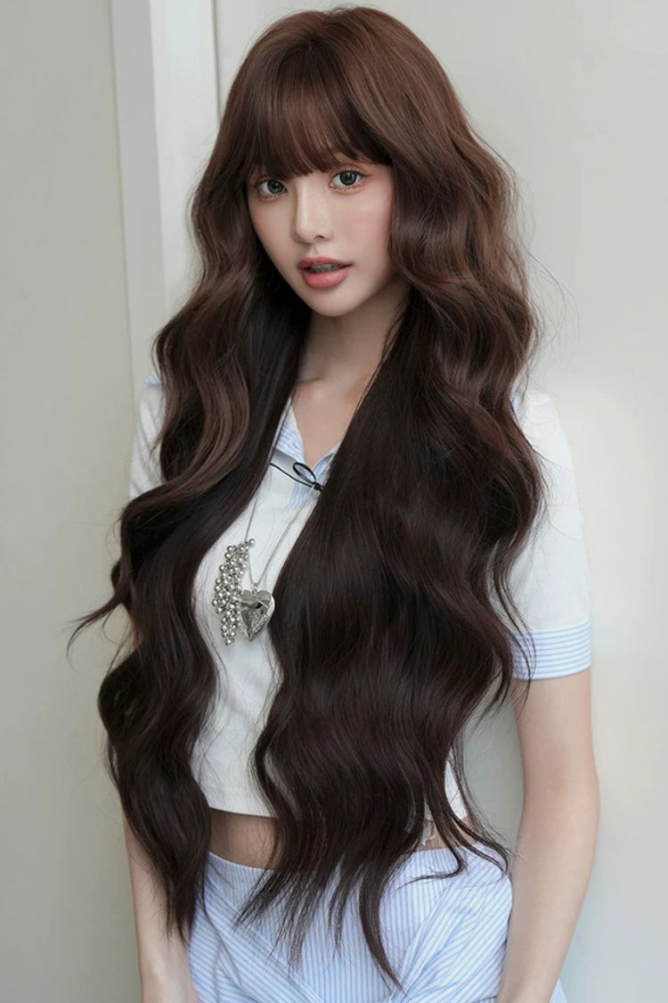 Chestnut Brown Ombre Long Wavy Wig with Air Bangs