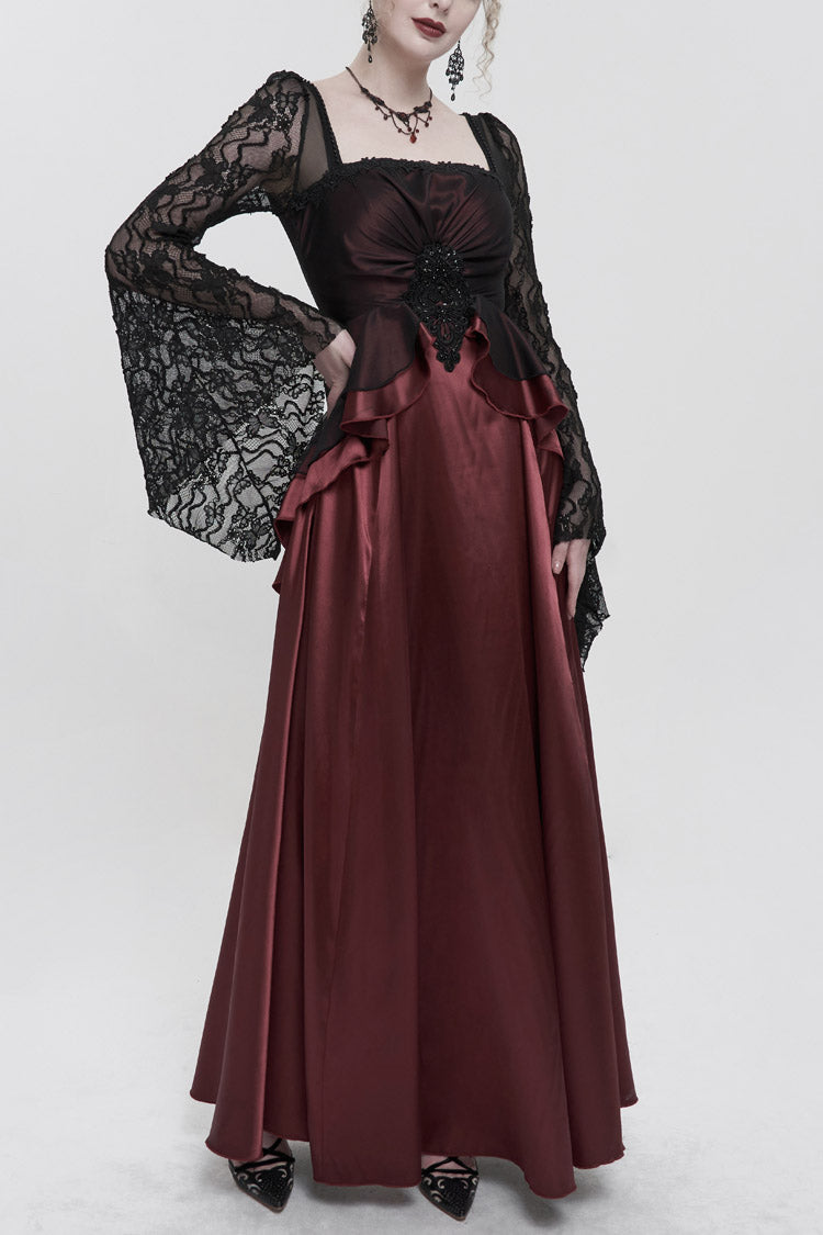 Scarlet Satin Floor-Length Gothic Dress with Pointy Sleeves and Back Zip