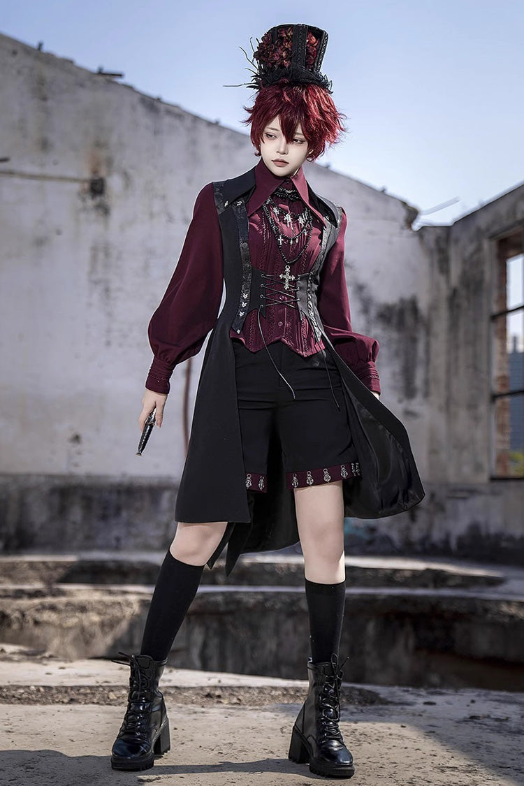 Scarlet Lapel Embroidered Slim Gothic Vintage Prince Ouji Shirt