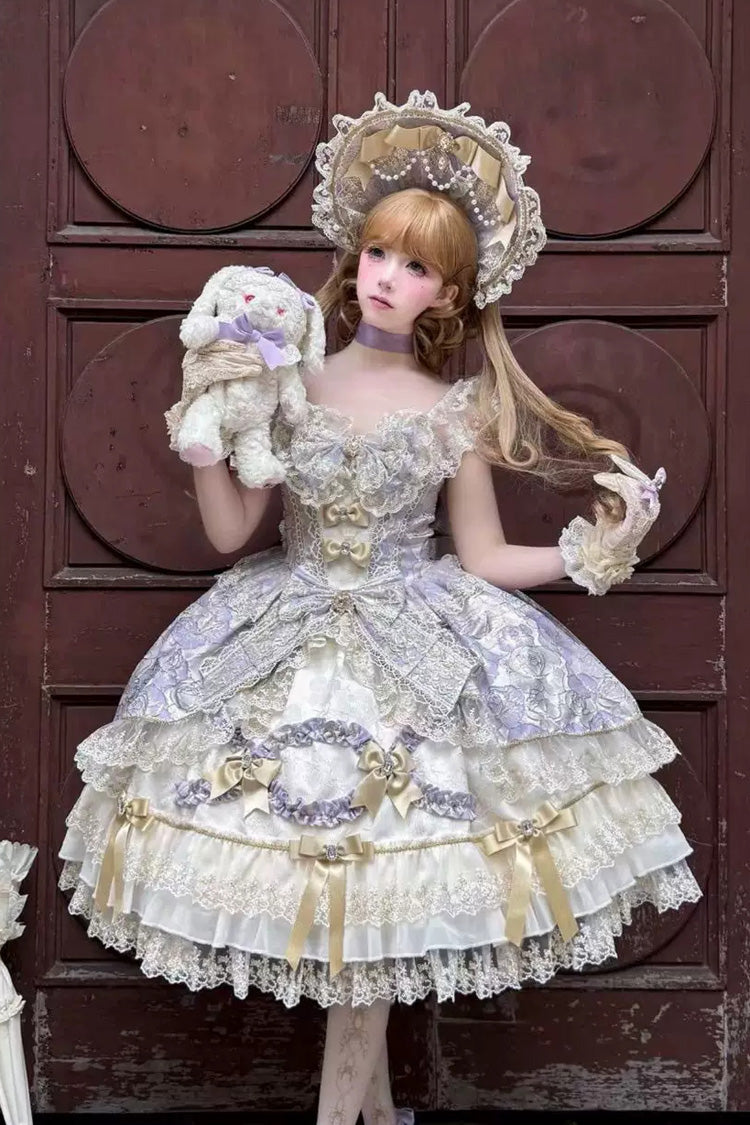 Gilded Waltz Violet Square Collar Sleeveless Embroidered Bow Lace Lolita JSK - Gilded Waltz