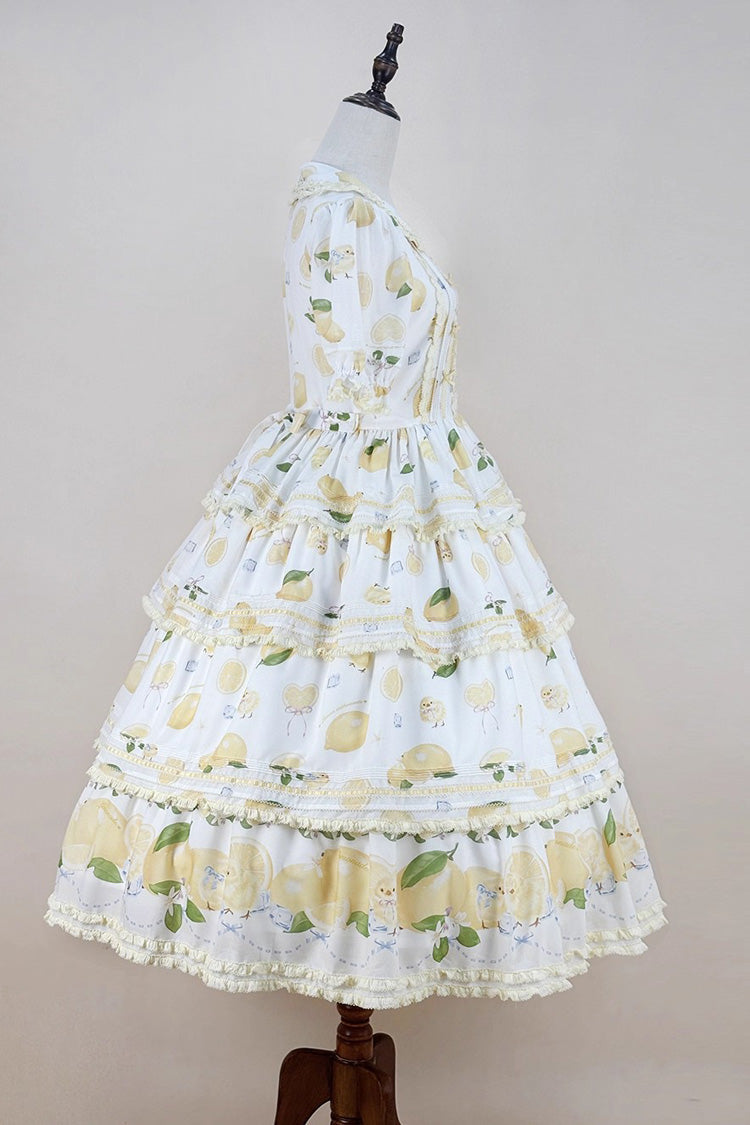Ivory Triple-Layered Print Ruffle Bow Lace Gorgeous Dress