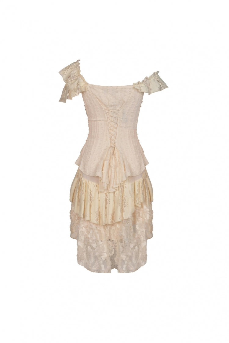 Beige Irregular Multi-Layer Ruffled Lace Steampunk Vintage Dress