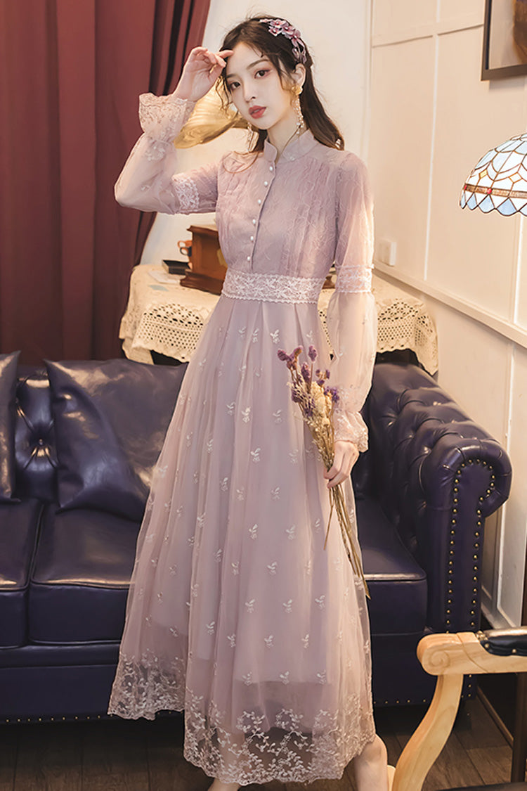 Purple Lolita OP Dress with Lantern Sleeves, Lace Embroidery, Slimming