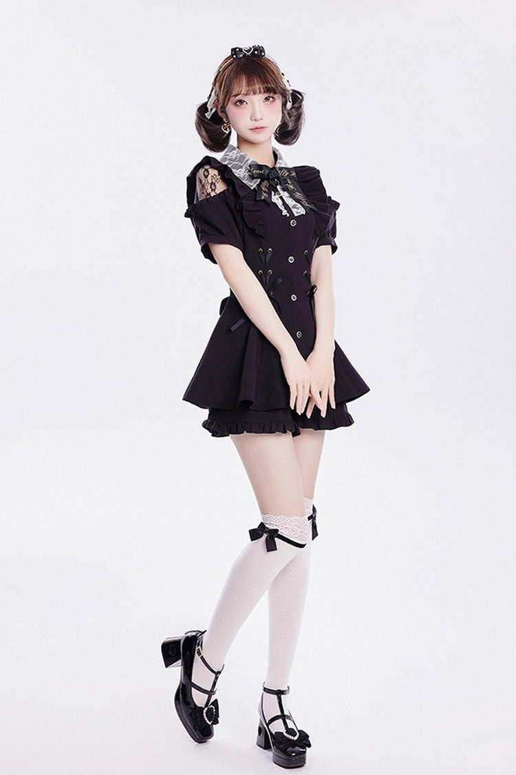 [Alice of Wednesday] Sweet Off Shoulder Short Sleeves Ruffle Bowknot Lace-Up Japanese Jirai Kei Dress Shorts Set 3 Colors