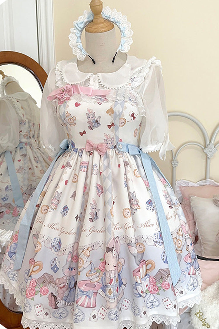 Ivory Sleeveless Print Ruffled Bow Princess Lolita Strap Set