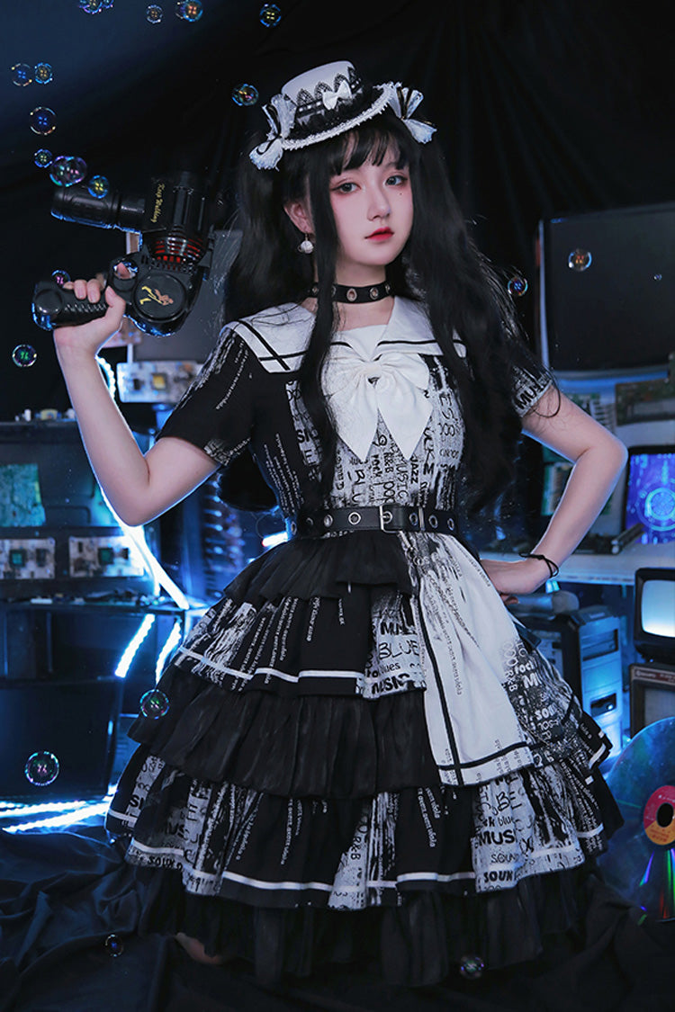 Black Short Sleeve Layered Ruffle Bowknot Asymmetric Punk Lolita Dress