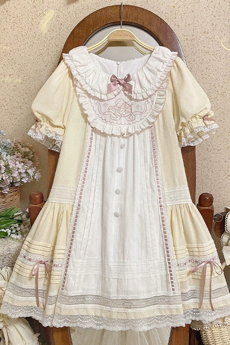 Angel Print Lace Dress with Doll Collar and Bowknot