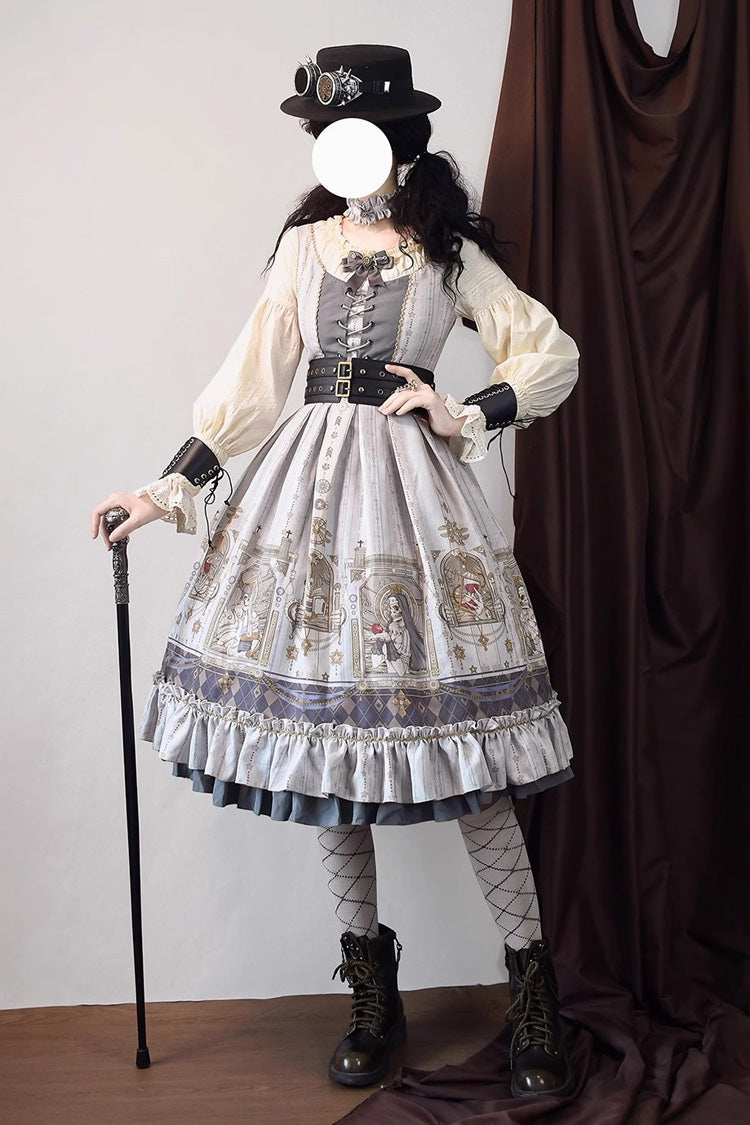Lantern-Sleeved Lolita Dress with Ruffled Demon Print