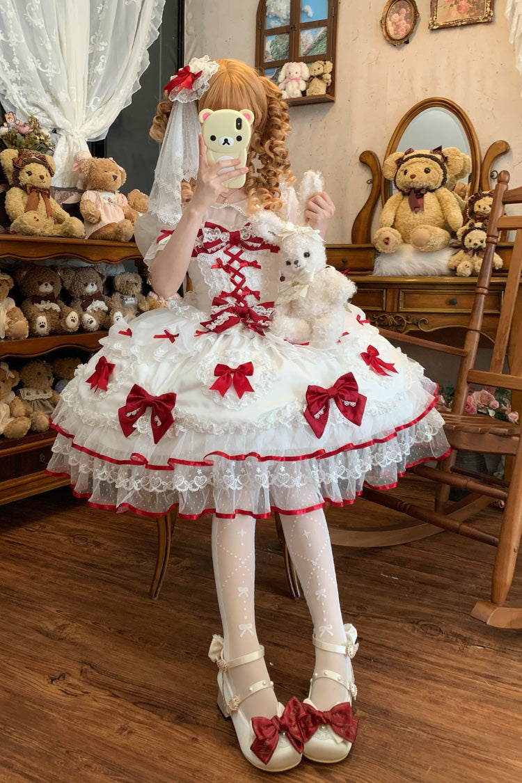 Ivory and Scarlet Heart Sleeveless Layered Embroidered Bow Lace-Up Sweet Lolita JSK