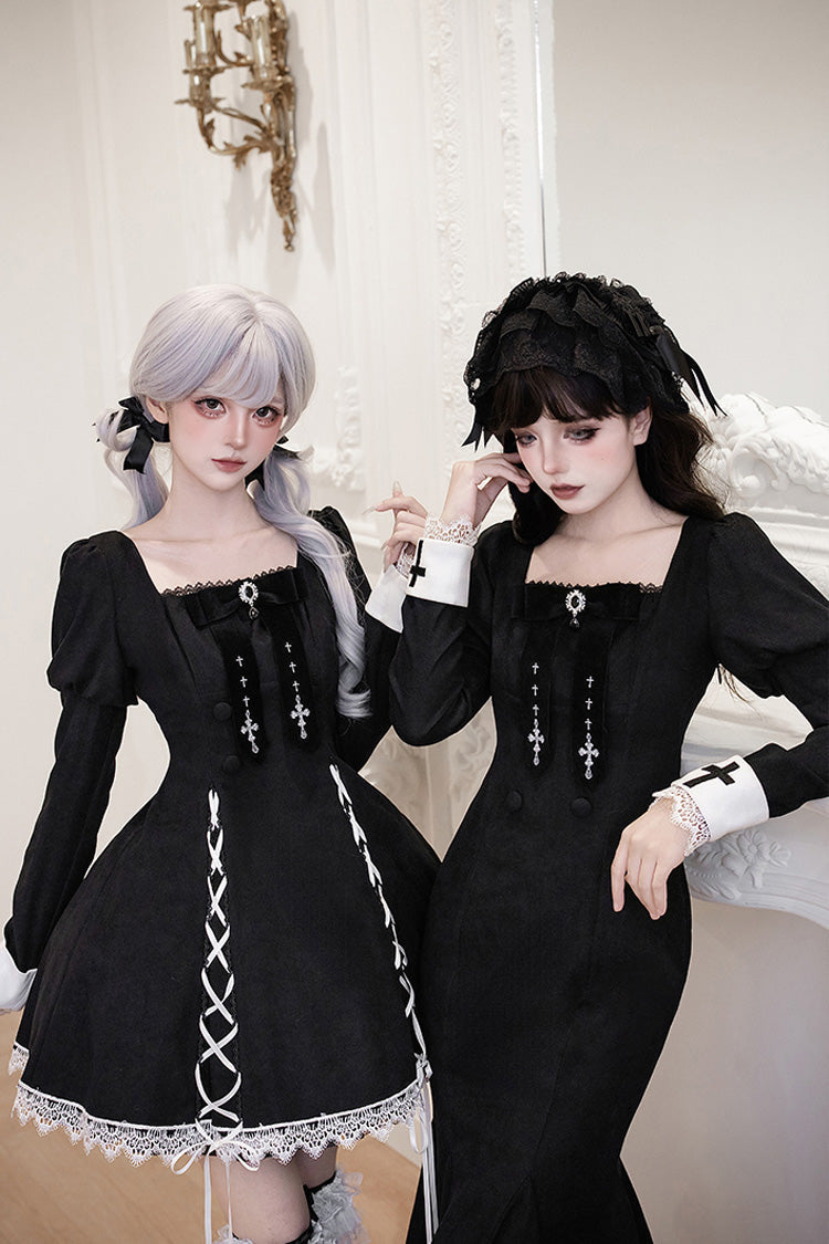 Rose Doll Square Collar Lace-Up Gothic Lolita Dress Set with Bow