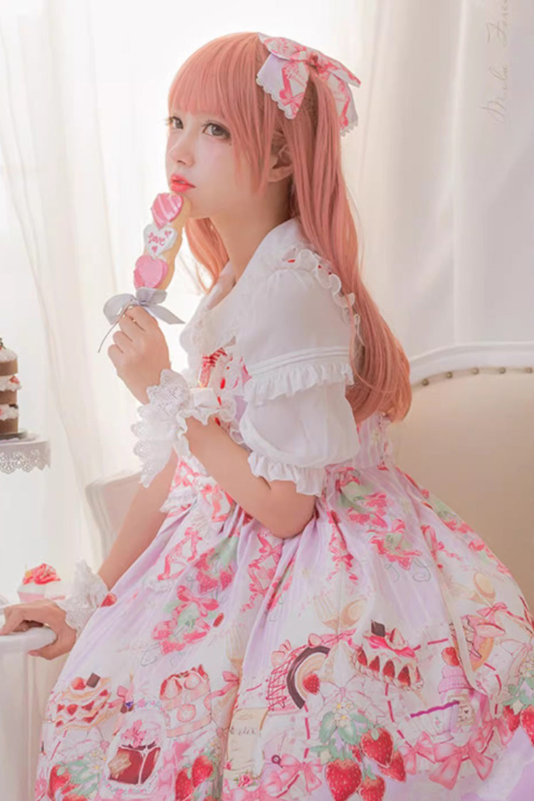Sleeveless Ruffled Bow Sweet JSK with Print - Strawberry Feast
