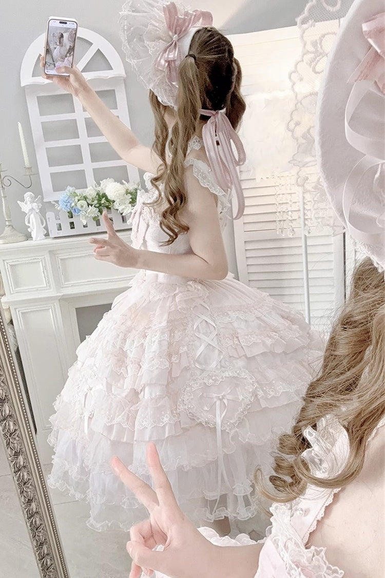 Pink Multi-Layered Ruffled Hanayome Embroidered Bow Lace Sweet JSK - Sweetheart Diary