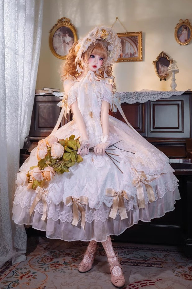 Glazed Phantom Off Shoulder Ruffle Hanayome Bow Lace Elegant Lolita Dress in Yellow