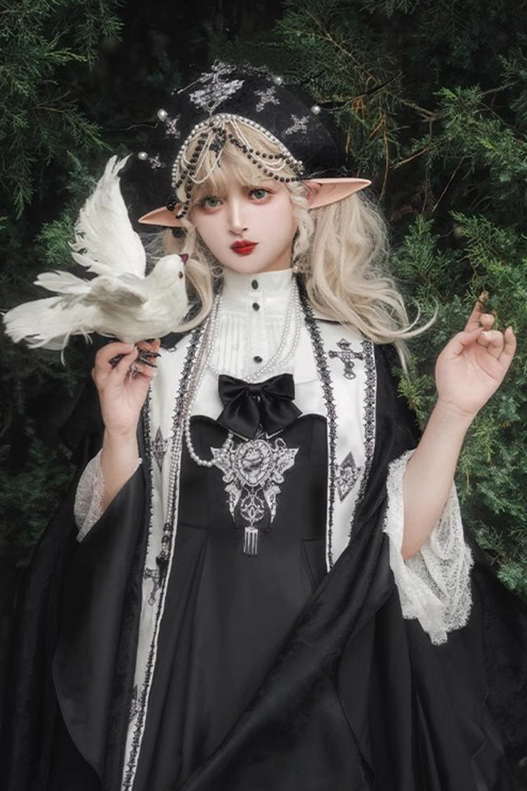 Onyx Stand Collar Off-Shoulder Printed Bow Gown - Cross Nun